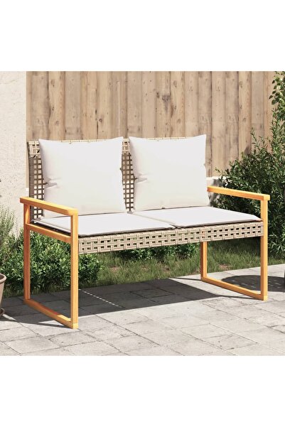 vidaxl مقعد حديقة مع وسادة، مزيج من الروطان الصناعي البيج وخشب الأكاسيا