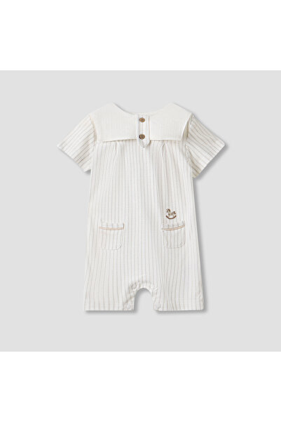 giggles Striped Romper with Short Sleeves and Button Closure