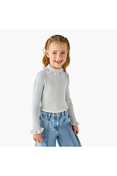 Juniors كنزة صوفية عالية الرقبة مضلعة بأكمام طويلة