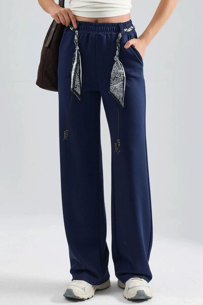 Hiccup Modal Textured Belt Detailed High Waist Straight Leg Knitted Trousers ...