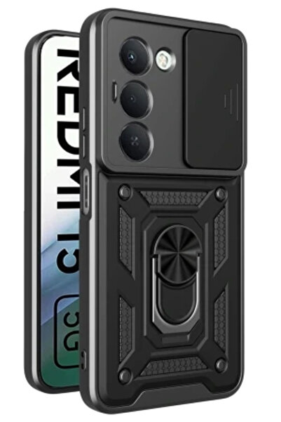 cepmoda غطاء حماية REDMI 15 (4G) - غطاء مدرع مع حامل منزلق للكاميرا وحلقة - أسود