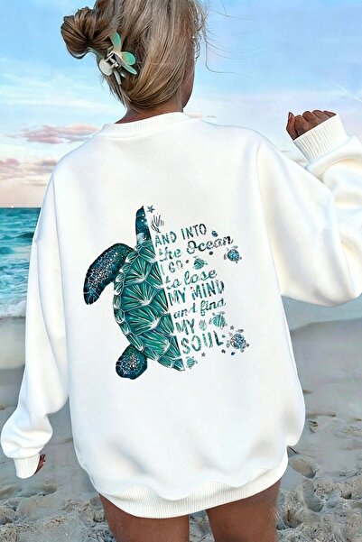 Know Kadın Beyaz Caretta Baksılı Oversize Kalıp Bisiklet Yaka Sweatshirt