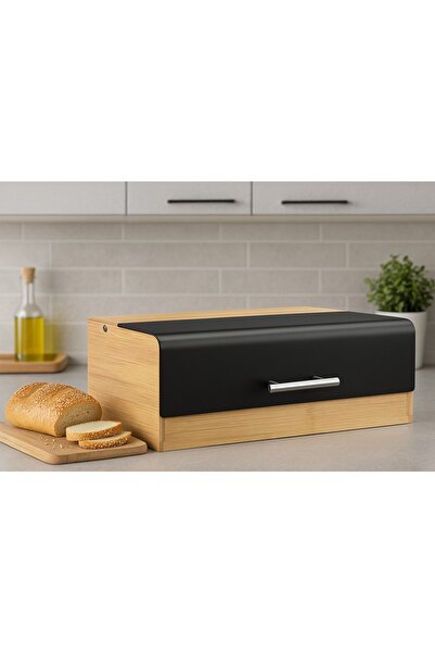AROW Alga Bambulu Metal Kapaklı Siyah Ekmek Kutusu
