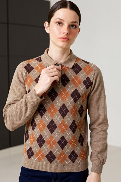 Desen Triko Women's Polo Neck Front Checkered Wool Sweater V.Camel