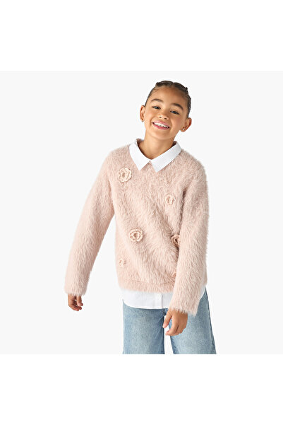 Juniors Collared Sweater with Faux Fur and Floral Applique