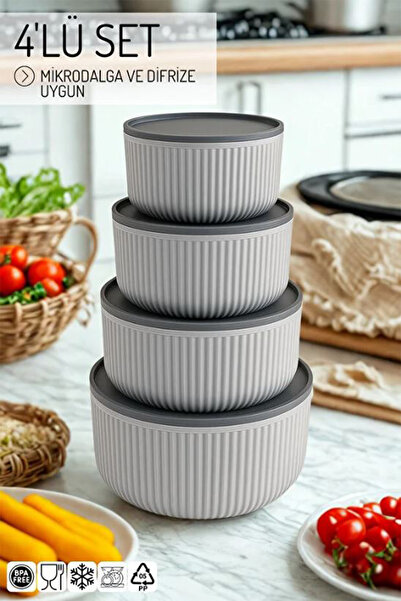 Vienev Set of 4 round storage containers, beige, striped | 2.5 l, 1.5 l, 0.80 l, 0.45 l |