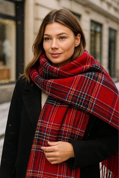 Benann Women's Red Stripe Patterned Scarf - Shawl