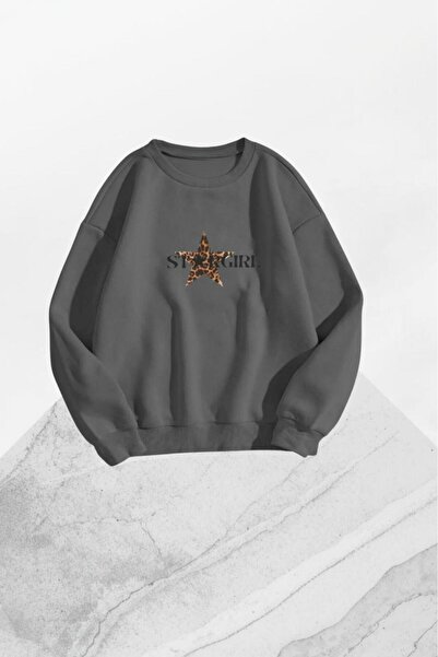 CAST COLLECTİON سترة نسائية من أنثراسايت ليوبارد ستارجير مطبوع برقبة دائرية