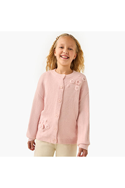 ELIGO Girls Crew Neck Cardigan with Floral Accent - Cotton - Long Sleeves