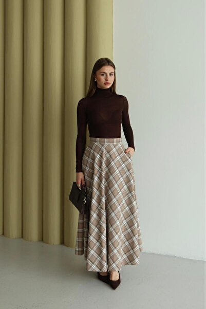 RUVA BUTİK CEPLİ EKOSE DESENLİ ŞIK ETEK