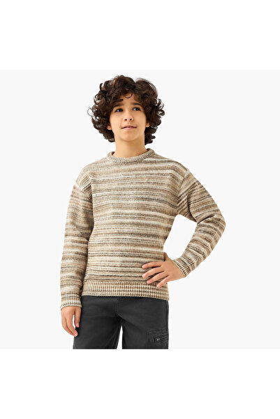 ELIGO بلوفر مخطط بياقة دائرية وأكمام طويلة