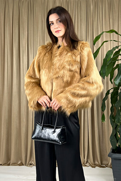 Klex Women's Plush Fur Look Short Jacket - Tan - L