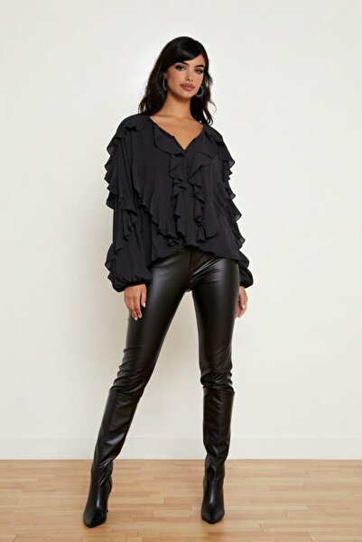 NIXIE COLLECTION Siyah Volan Detay Şifon Gömlek