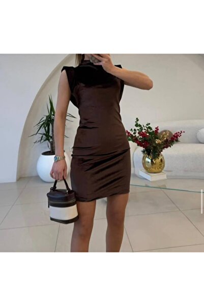 Stil Center Kolsuz Kadife Elbise Kahverengi