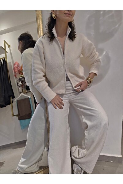 Butik Kadın, Beli Lastikli, Palazzo, Kışlık Kumaş Kaşe Pantolon Ekru