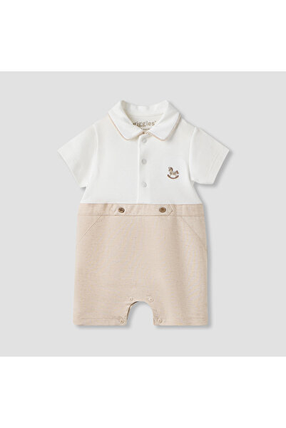 giggles Rocking Horse Embroidered Collared Romper with Short Sleeves