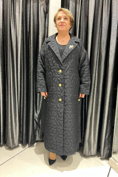 selma Büyük Beden Kapitone Altın Düğmeli Broş Detaylı Pardesü