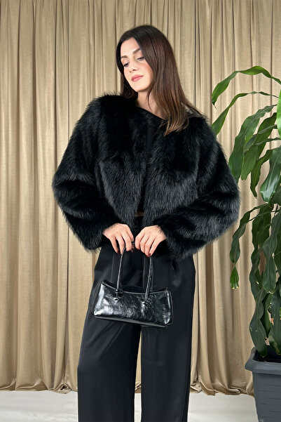 Klex Women's Plush Fur Look Short Jacket-Black - m