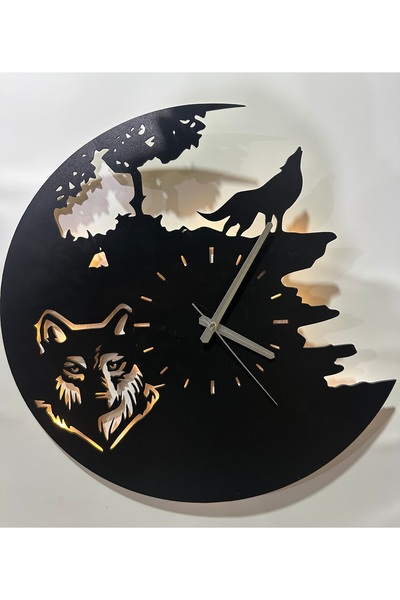iclalofis Ledli duvar saati dekoratif uluyan kurt ay ışığı duvar saati ahşap ...