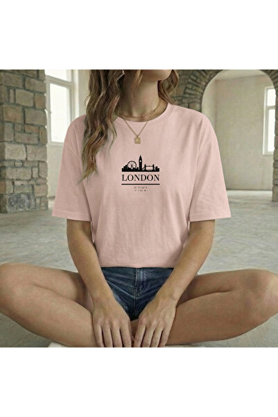 BUWOM تيشيرت نسائي من LONDON مطبوع برقبة دائرية