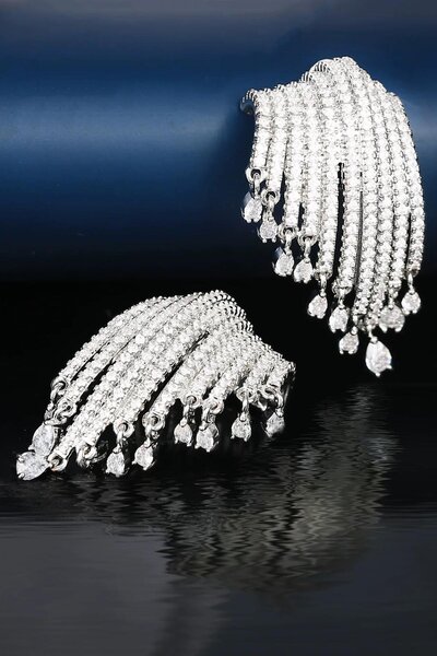 TAKIŞTIR Gümüş Renk Taşlı Abiye Küpe (Çift)