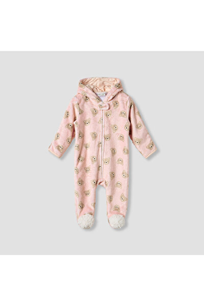 Juniors Hooded Sleepsuit with Bear Print - Polyester - Long Sleeves