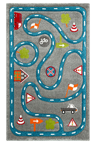 Eko Halı EKO KIDS KDS 19 GREY BLUE ARABA YOLU DESENLİ ÇOCUK HALISI