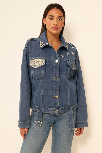 atölyekaftanbutik Women's Embroidered Denim Coat Jacket