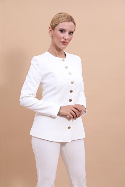 ÖNDER ÖZSOY Sıfır Yaka Düğmeli Şık Kadın Ceket-Beyaz