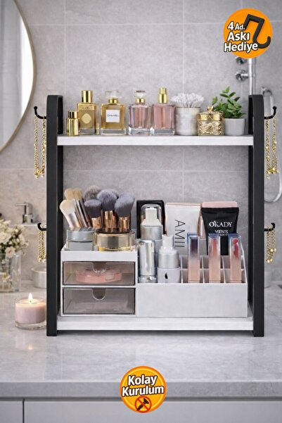 Bambus 2 Katlı Kozmetik Banyo Takı Düzenleyici Çok Amaçlı Organizer Askı Hedi...