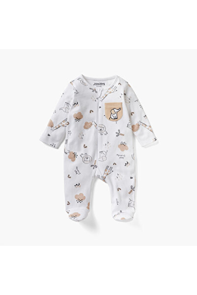 Juniors بيجامة نوم كاملة بنقشة جلد الحيوانات، مغلقة القدمين، بأكمام طويلة