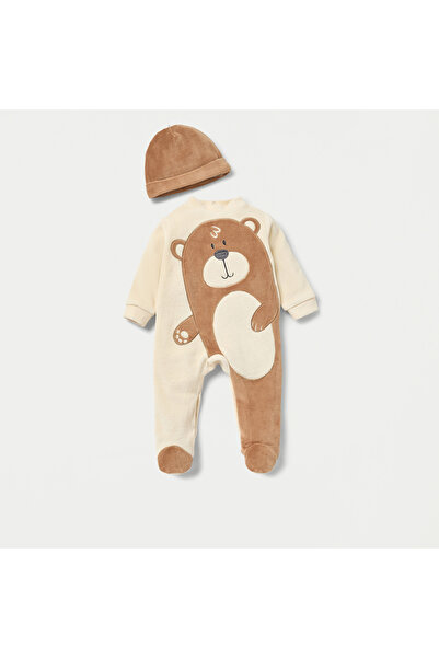 Juniors Teddy Bear Detail Velour Closed Feet Sleepsuit with Cap