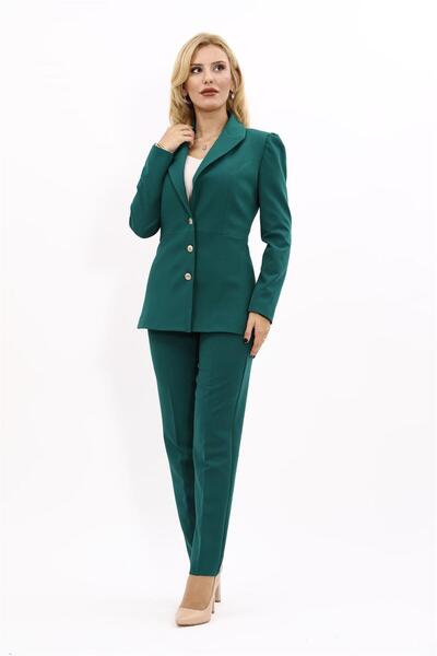 ÖNDER ÖZSOY بدلة نسائية مكونة من سترة بياقة وبنطلون ضيق - زمرد
