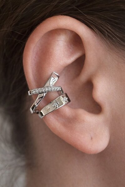 TAKIŞTIR Gümüş Renk Taş Detaylı 14K Altın Kaplama TX Ear Cuff (Tek)