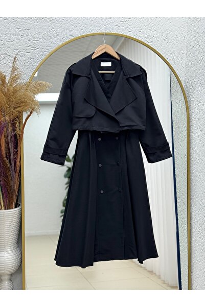 MİHRA STORE Belira Kruvaze Yaka Boydan Düğmeli Bolerolu Trenç-EN2177 Siyah