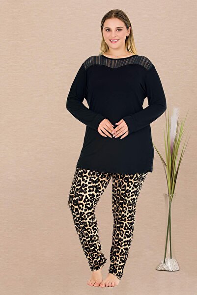 REN Set de pijamale negre pentru femei, mărime mare, cu tunica, culoare uni cu mâneci lungi și cu fantă în partea de jos, model leopard