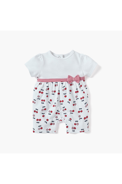 Juniors Cherry Print Romper with Bow Detail and Short Sleeves