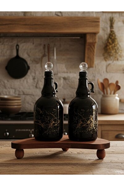 Rembox Set of 2 1000 ml Crystal Glass Oil Bottles with Wooden Ball Feet, Marble Patterned Black Glass Oil Bottles with Crystal Glass Stoppers