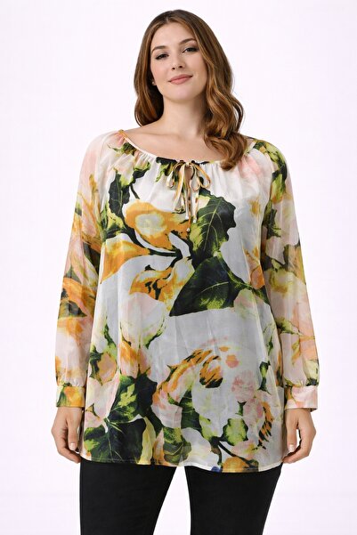 Şans Women's Plus Size Colorful, Floral Print, Unlined Flowy Chiffon Blouse 65N39307