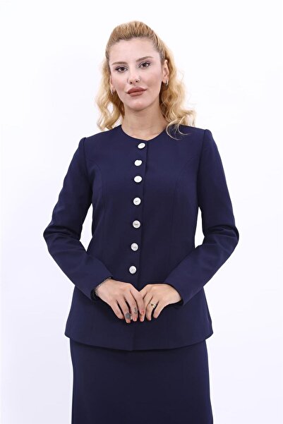 ÖNDER ÖZSOY سترة نسائية أنيقة بأزرار وياقة دائرية - أزرق داكن