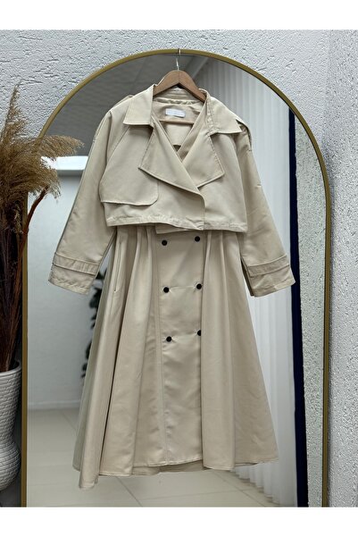 MİHRA STORE Belira Kruvaze Yaka Boydan Düğmeli Bolerolu Trenç-EN2177 Камінь