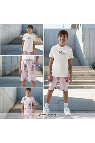 Juniors طقم تيشيرت وشورت مطبوع عليه رسومات جرافيتي، مكون من 3 قطع