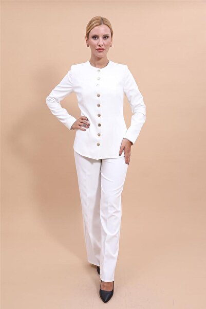 ÖNDER ÖZSOY O-Neck Buttoned Stylish Jacket & Wide-Leg Pants Women's Suit-White
