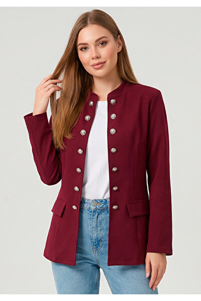 Little Visqon Kadın Gold Düğme Detaylı Hakim Yaka Şık Atlas Ceket