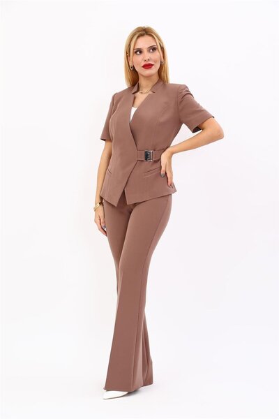 ÖNDER ÖZSOY Hakim Collar Buckled Modern Jacket & Flared Pants Women's Suit-Brown