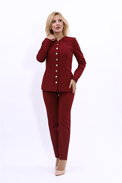 ÖNDER ÖZSOY سترة أنيقة بأزرار وياقة دائرية وبنطلون ضيق للنساء - لون عنابي