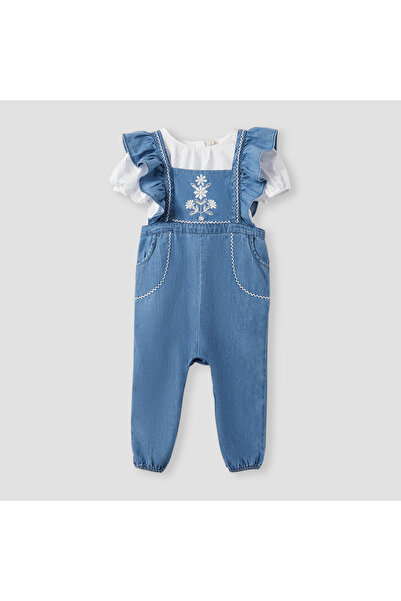 giggles Embroidered Denim Dungaree and Top Set