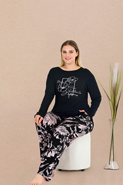 REN Set de pijamale negre pentru femei, mărime mare, top cu imprimeu și mâneci lungi, buzunar în partea de jos și model floral, viscoză