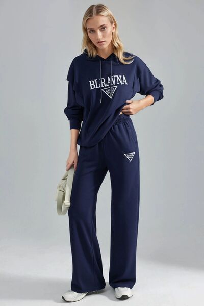 Hiccup Modal Textured Embroidered K Hooded Two-Piece Suit Berşan Collection