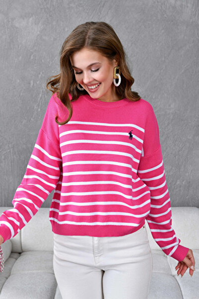 Park Karon Women's Crew Neck Embroidery Detailed Striped Knitwear Sweater 10272.Ctn